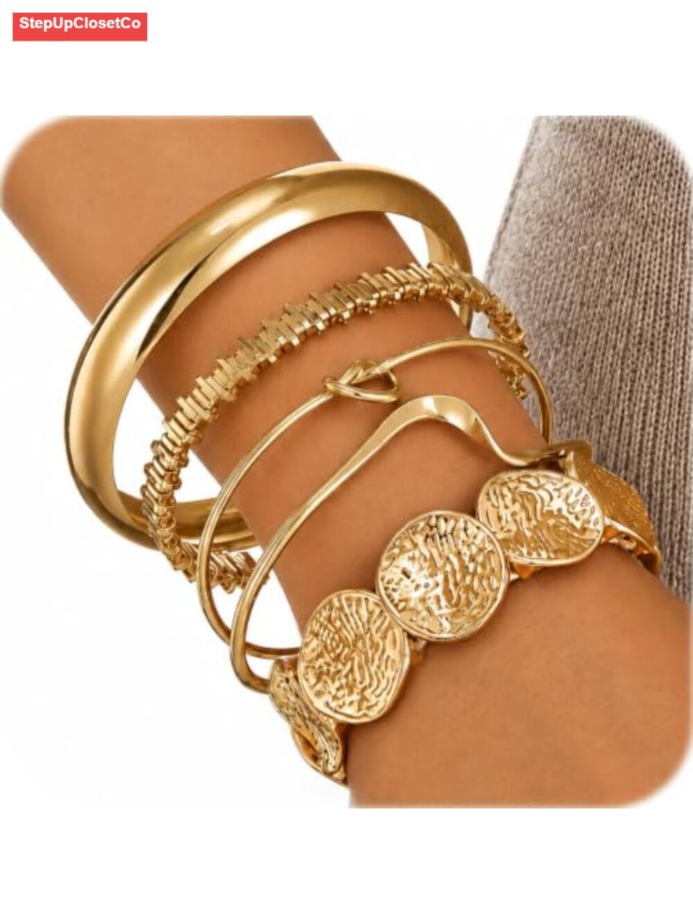 5 Pcs Gold Plated Chunky Bangle Cuff Set, Dainty Knot Boho Bracelets for Women